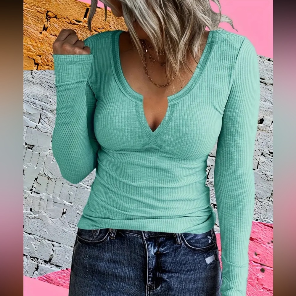 Aster June Teal v neck tshirt